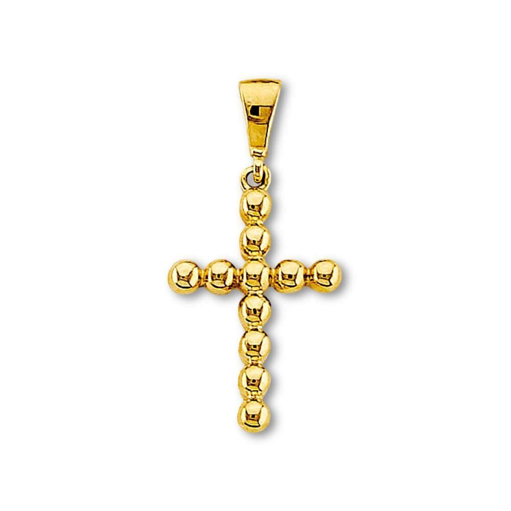14K Yellow Gold Beaded Cross Pendant | Fine Bead Design Charm By Tehrani Jewelry